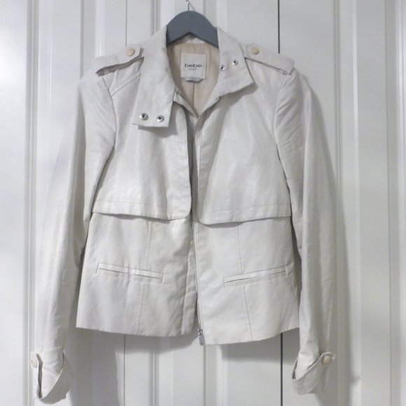 BEBE off white zip up faux leather jacket with light shoulder pads - Picture 1 of 16